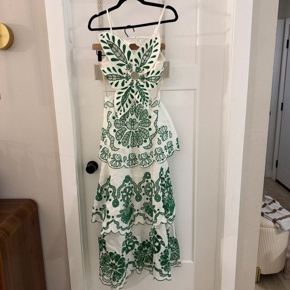 FARM Rio Dresses & Skirts - FARM Rio Flower Richelieu Linen Midi Dress Green White Cutout Tiered XS Boho